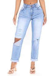 On My Own Ripped Girlfriend Jeans - Medium Blue Wash Ins Street